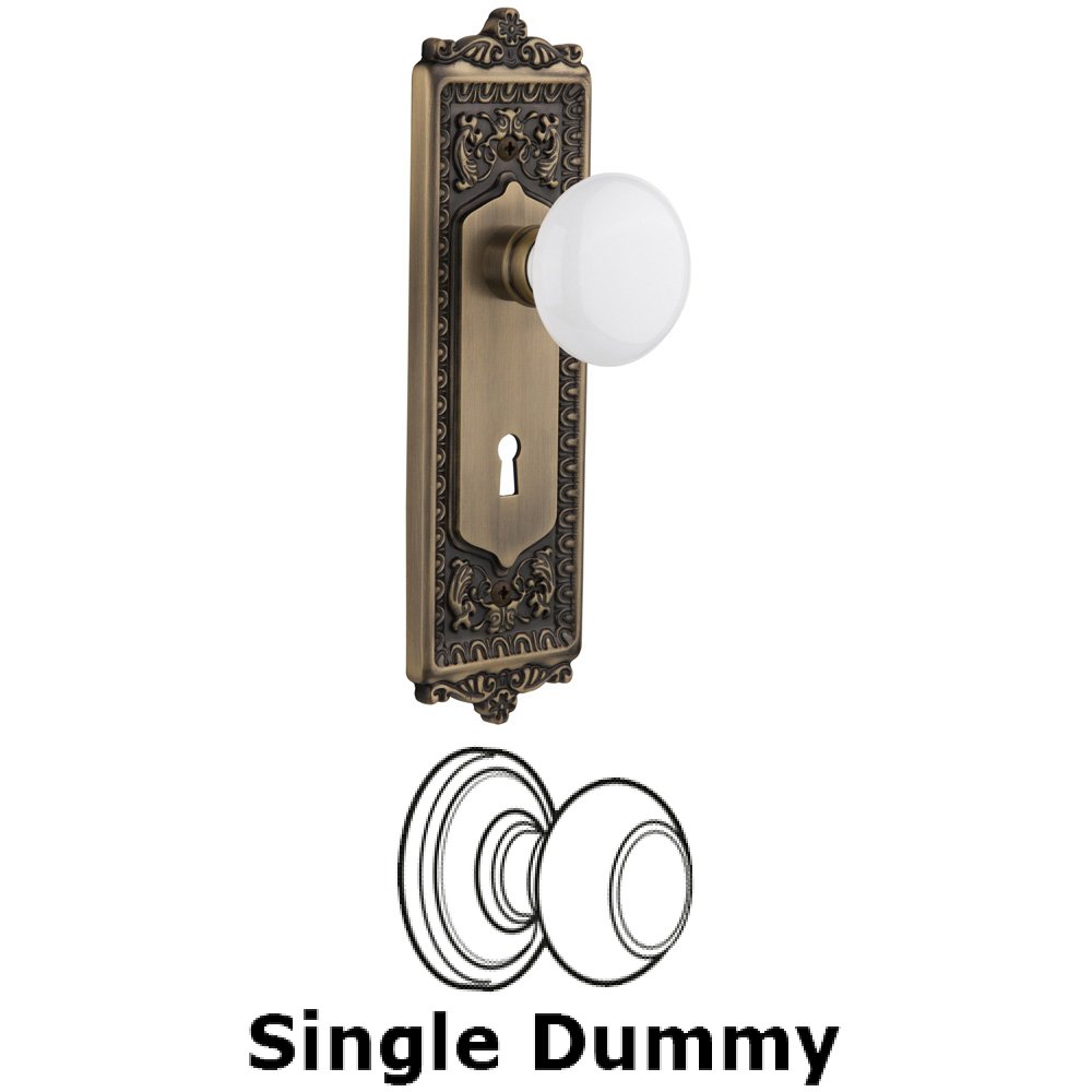 Single Dummy Knob With Keyhole - Egg & Dart Plate with White Porcelain Knob in Antique Brass
