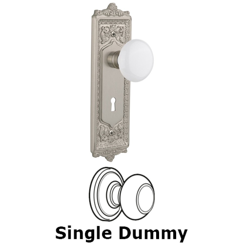 Single Dummy Knob With Keyhole - Egg & Dart Plate with White Porcelain Knob in Satin Nickel