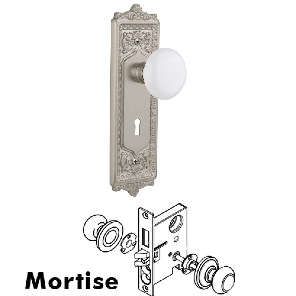 Complete Mortise Lockset - Egg & Dart Plate with White Porcelain Knob in Satin Nickel
