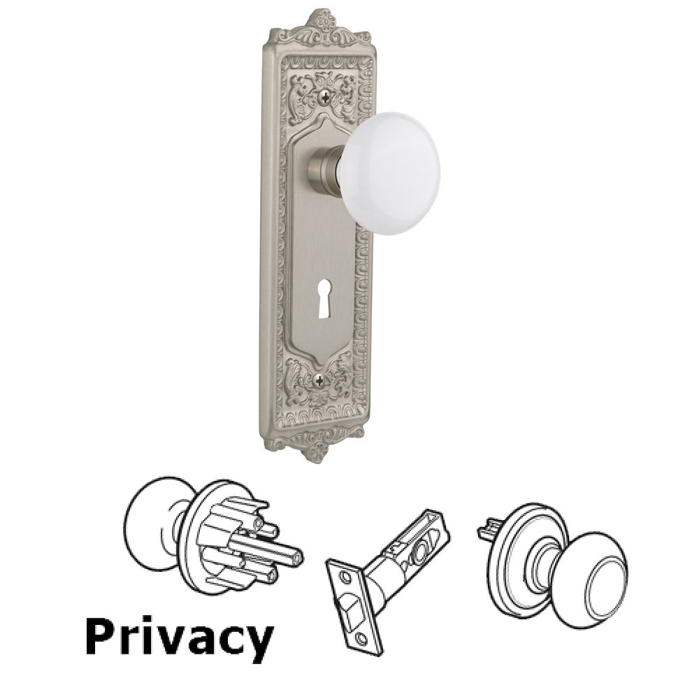 Complete Privacy Set With Keyhole - Egg & Dart Plate with White Porcelain Knob in Satin Nickel
