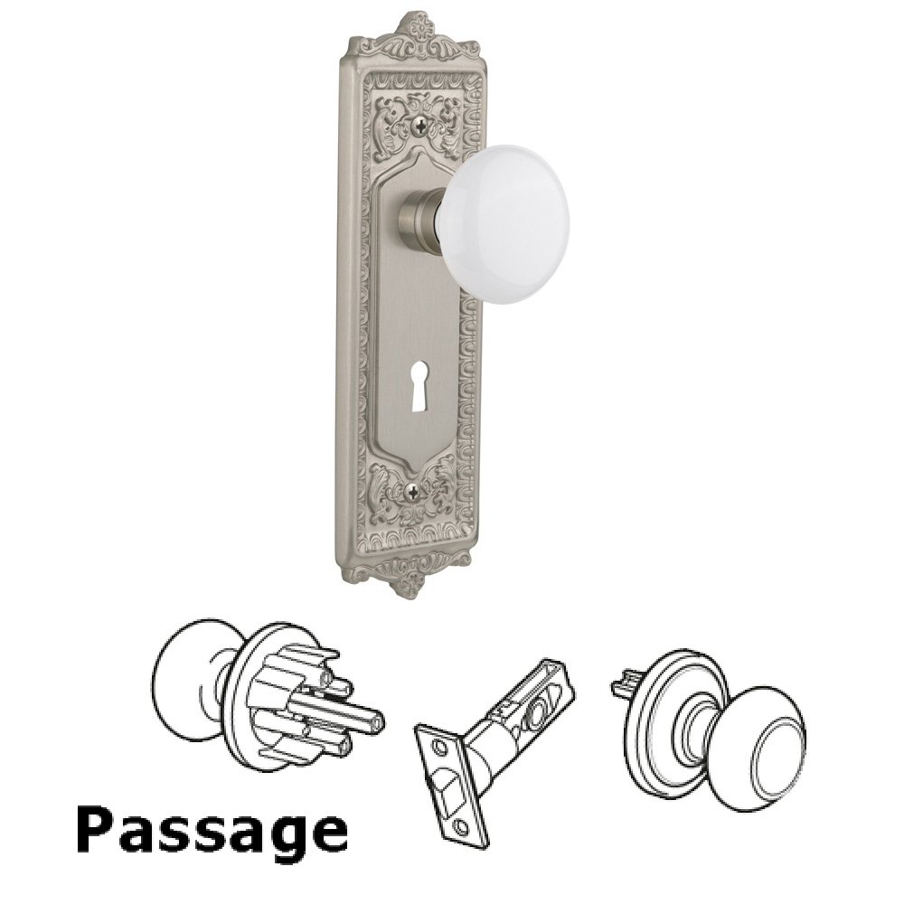 Complete Passage Set With Keyhole - Egg & Dart Plate with White Porcelain Knob in Satin Nickel
