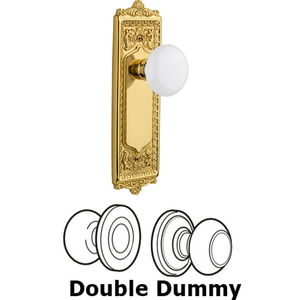 Double Dummy Knob - Egg & Dart Plate with White Porcelain Door Knob in Polished Brass