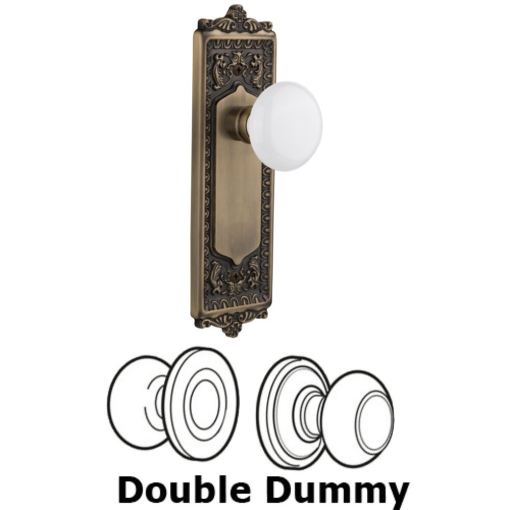 Double Dummy Set Without Keyhole - Egg & Dart Plate with White Porcelain Knob in Antique Brass