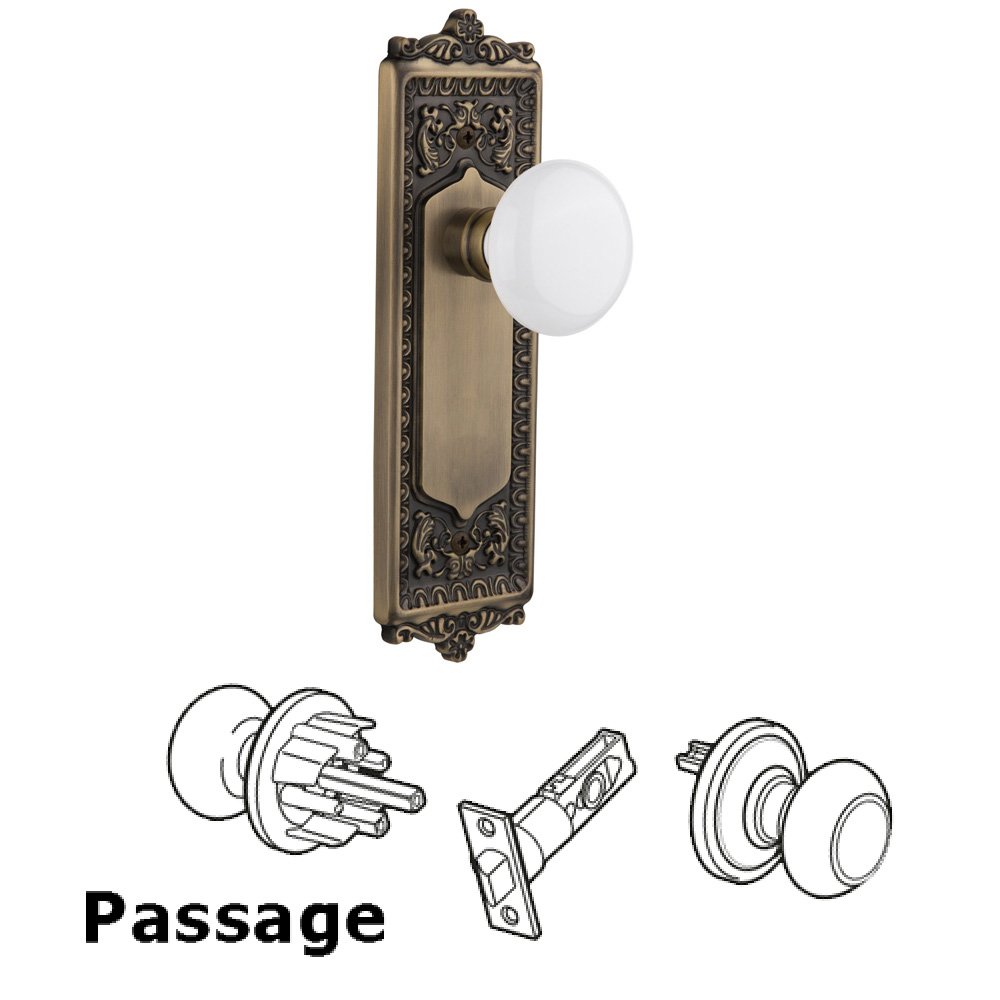 Complete Passage Set Without Keyhole - Egg & Dart Plate with White Porcelain Knob in Antique Brass