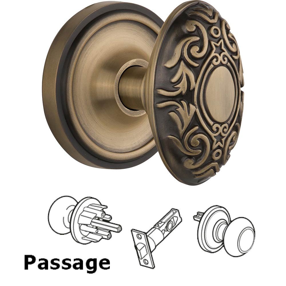 Passage Knob - Classic Rosette with Victorian Door Knob in Antique Brass