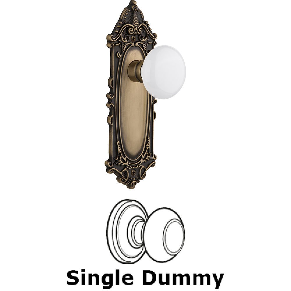 Single Dummy Knob - Victorian Plate with White Porcelain Door Knob in Antique Brass