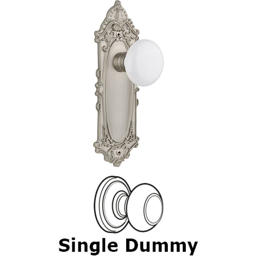 Single Dummy Knob - Victorian Plate with White Porcelain Door Knob in Satin Nickel