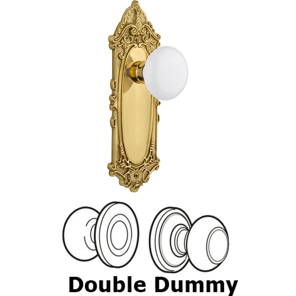 Double Dummy Knob - Victorian Plate with White Porcelain Door Knob in Polished Brass