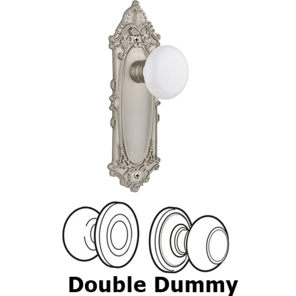 Double Dummy Knob - Victorian Plate with White Porcelain Door Knob in Satin Nickel