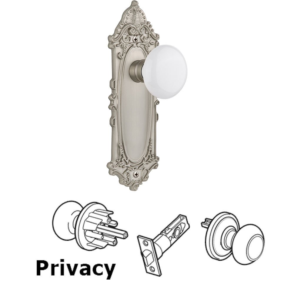 Privacy Victorian Plate with White Porcelain Door Knob in Satin Nickel