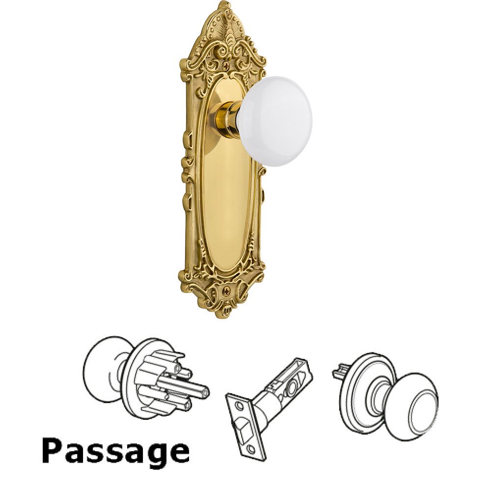 Passage Victorian Plate with White Porcelain Door Knob in Polished Brass