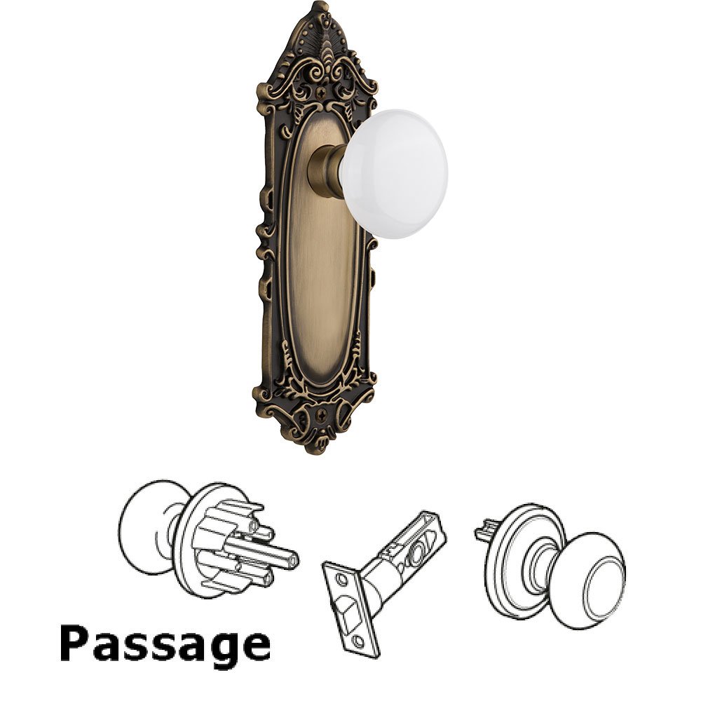 Passage Knob - Victorian Plate with White Porcelain Door Knob in Antique Brass