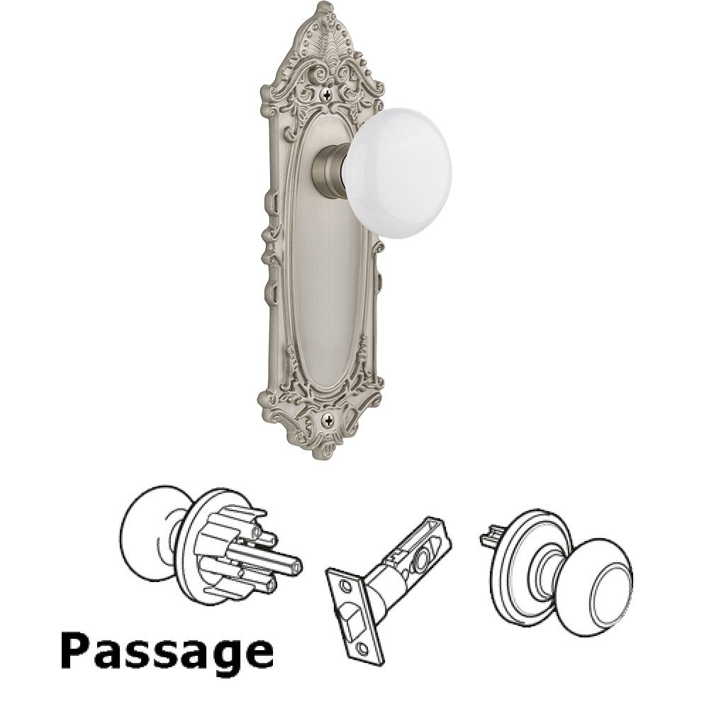 Passage Knob - Victorian Plate with White Porcelain Door Knob in Satin Nickel