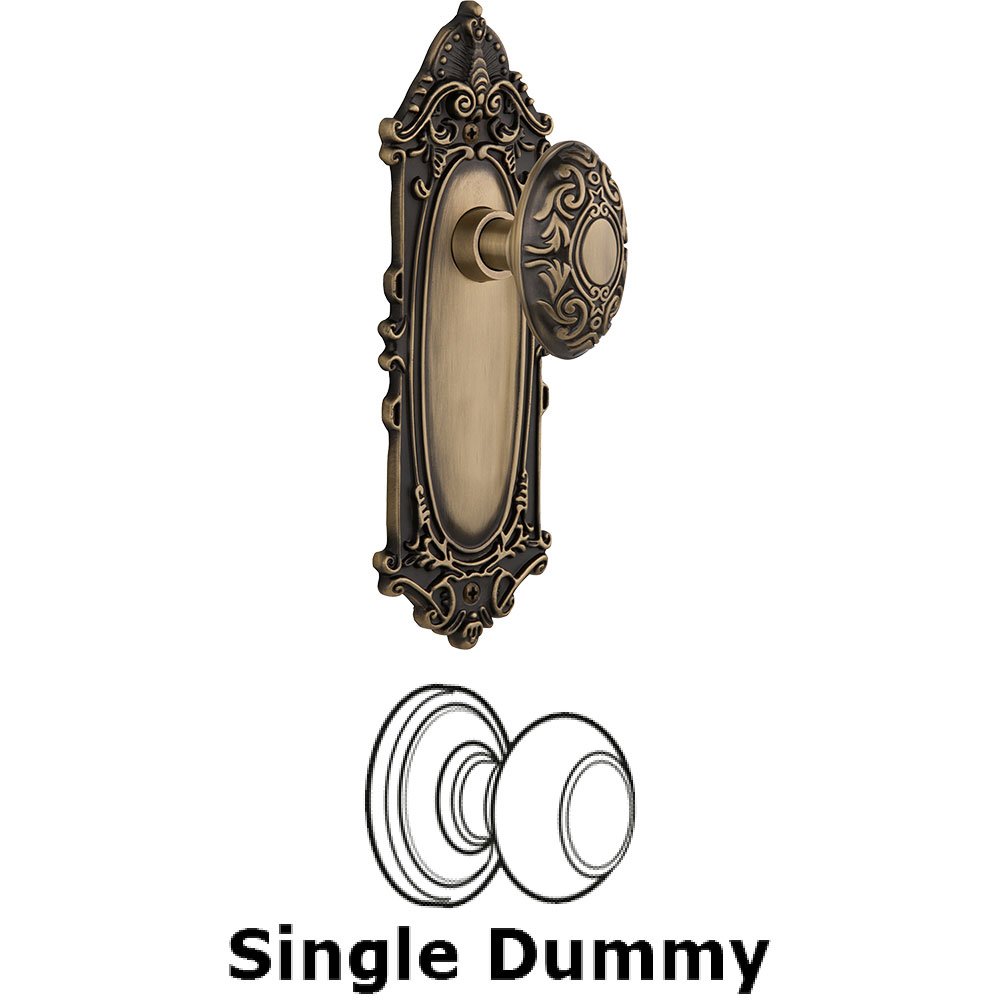 Single Dummy Knob - Victorian Plate with Victorian Door Knob in Antique Brass