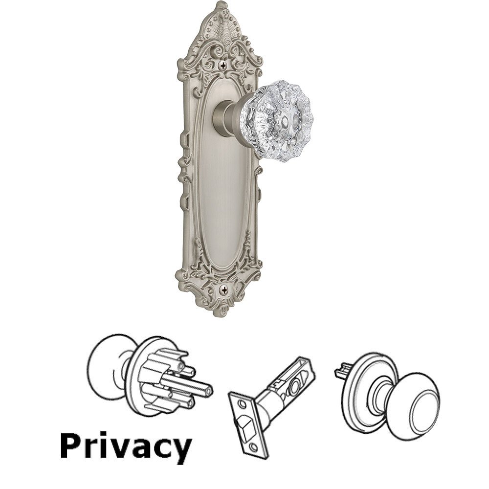 Privacy Victorian Plate with Crystal Glass Door Knob in Satin Nickel