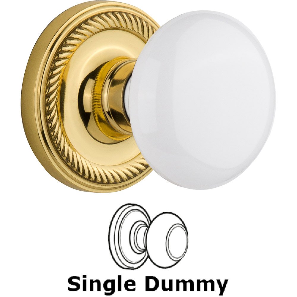 Single Dummy Knob - Rope Rose with White Porcelain Door Knob in Polished Brass
