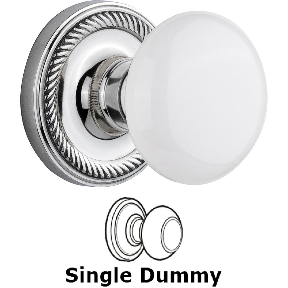 Single Dummy Knob - Rope Rose with White Porcelain Knob in Bright Chrome
