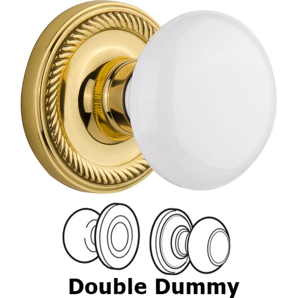 Double Dummy Knob - Rope Rose with White Porcelain Door Knob in Polished Brass
