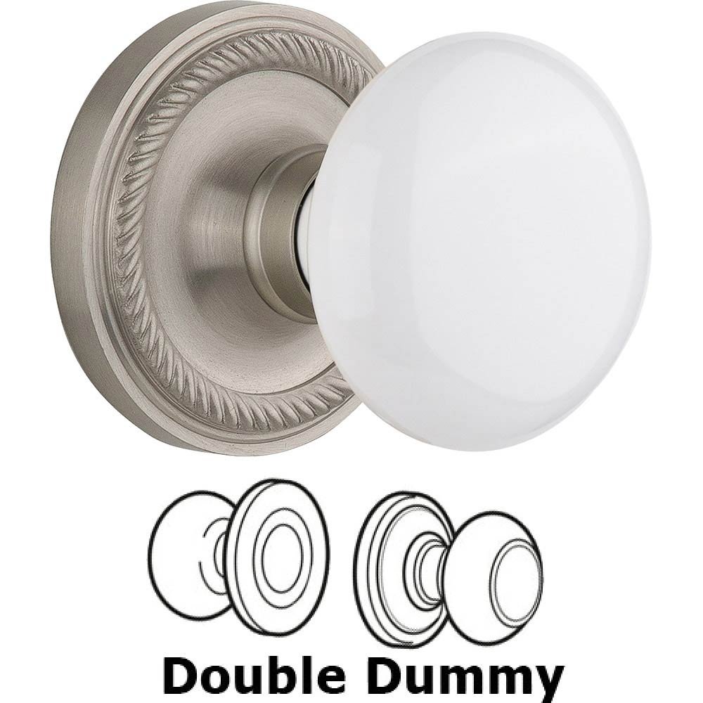 Double Dummy Knob - Rope Rose with White Porcelain Door Knob in Satin Nickel