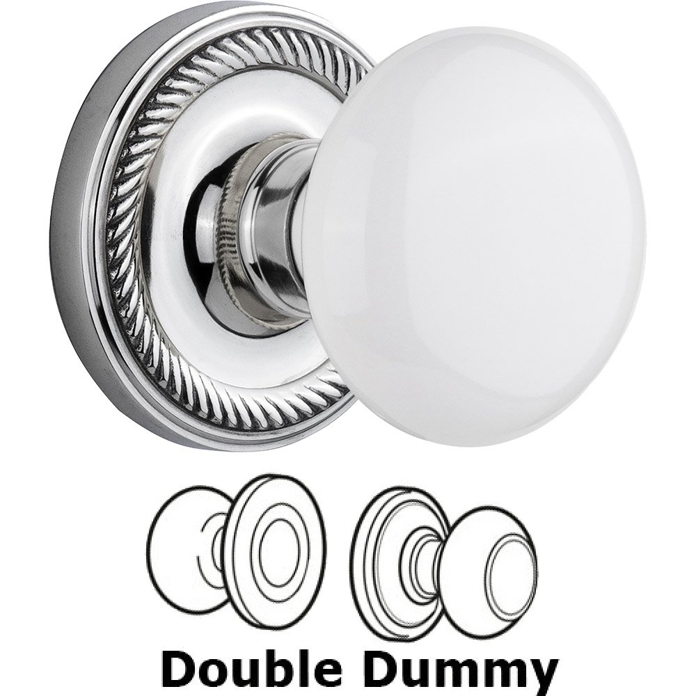 Double Dummy Knob - Rope Rose with White Porcelain Knob in Bright Chrome