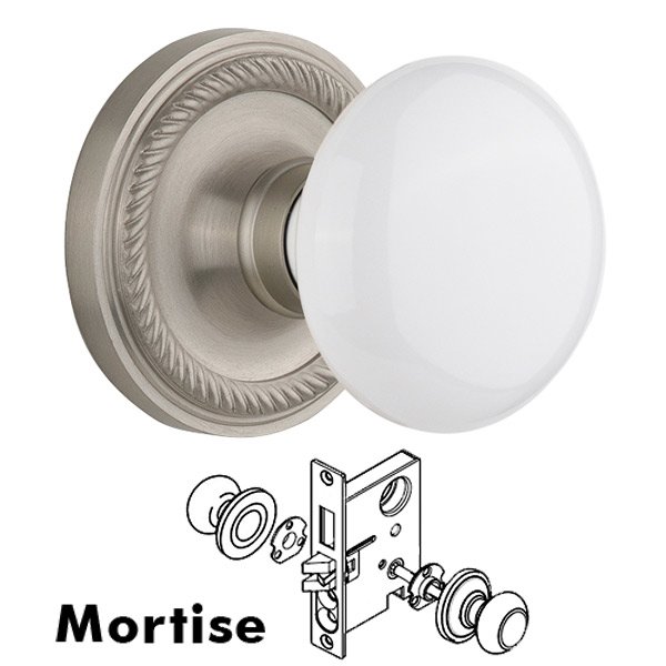 Mortise Knob - Rope Rose with White Porcelain Door Knob in Satin Nickel