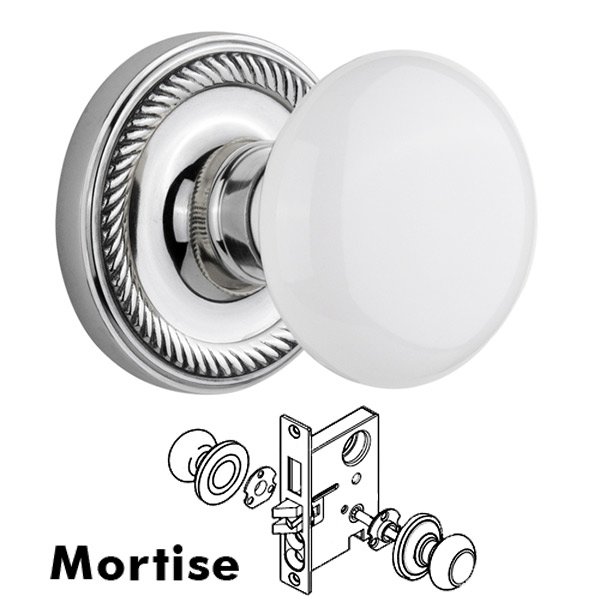 Mortise Knob - Rope Rose with White Porcelain Knob in Bright Chrome