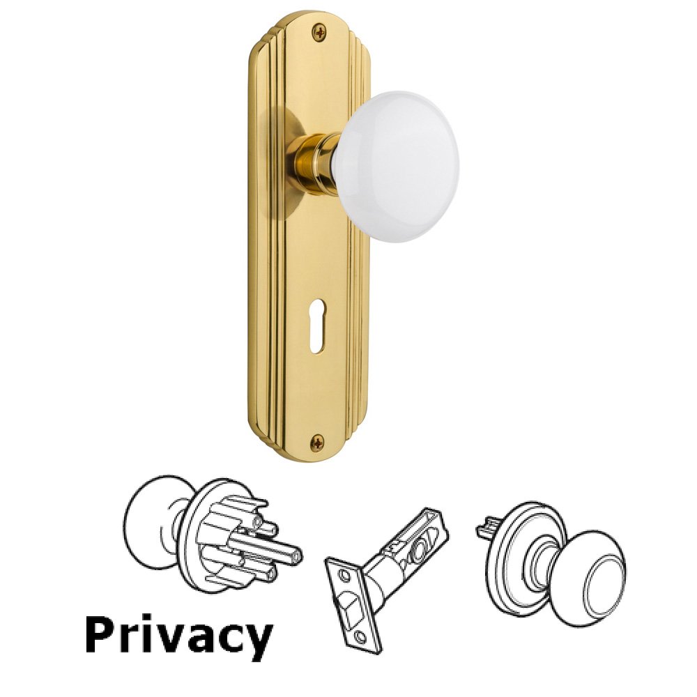 Complete Privacy Set With Keyhole - Deco Plate with White Porcelain Knob in Polished Brass
