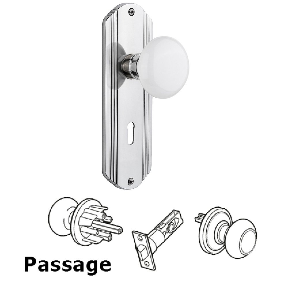 Passage Deco Plate with Keyhole and White Porcelain Door Knob in Bright Chrome