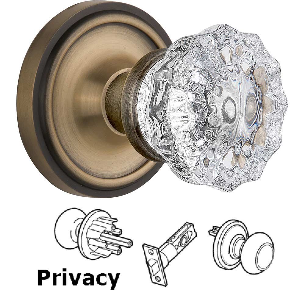 Privacy Knob - Classic Rose with Crystal Door Knob in Antique Brass