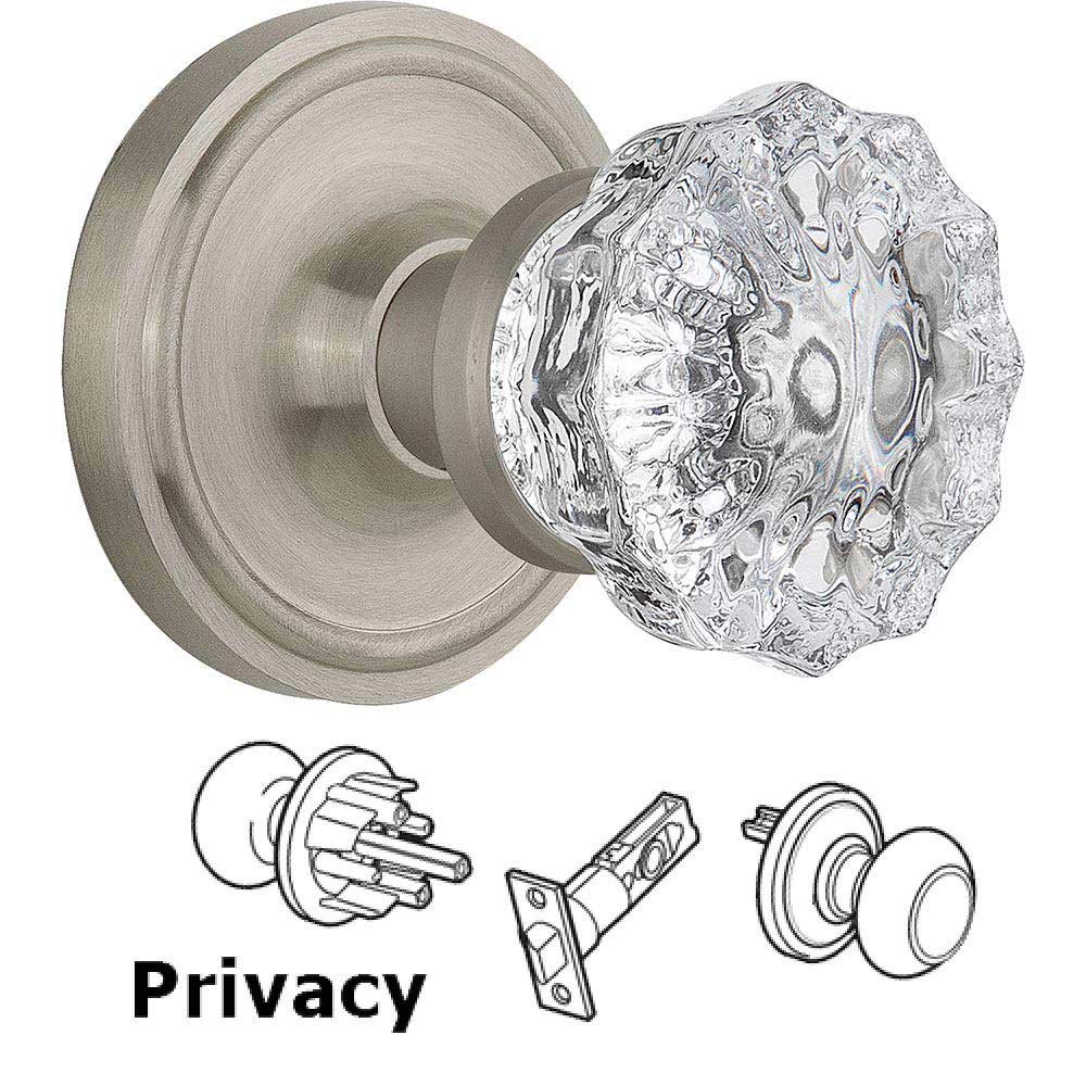 Privacy Knob - Classic Rosette with Crystal Door Knob in Satin Nickel