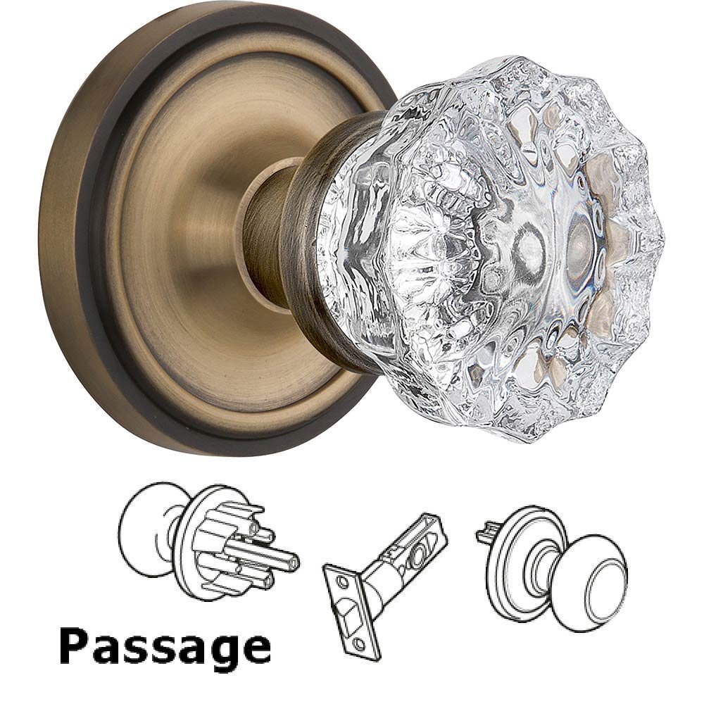 Passage Knob - Classic Rose with Crystal Door Knob in Antique Brass