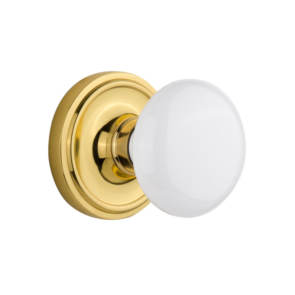 Single Dummy Classic Rosette with White Porcelain Knob in Polished Brass