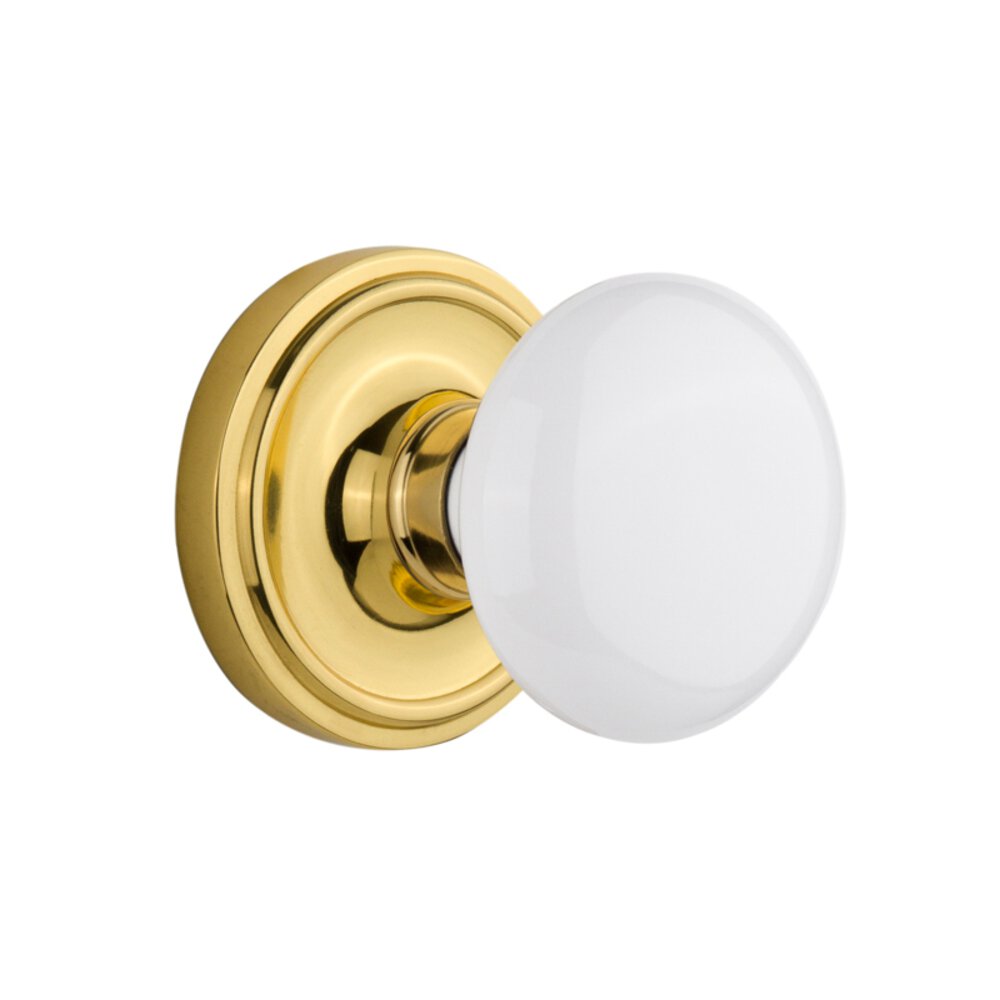 Double Dummy Classic Rosette with White Porcelain Knob in Polished Brass