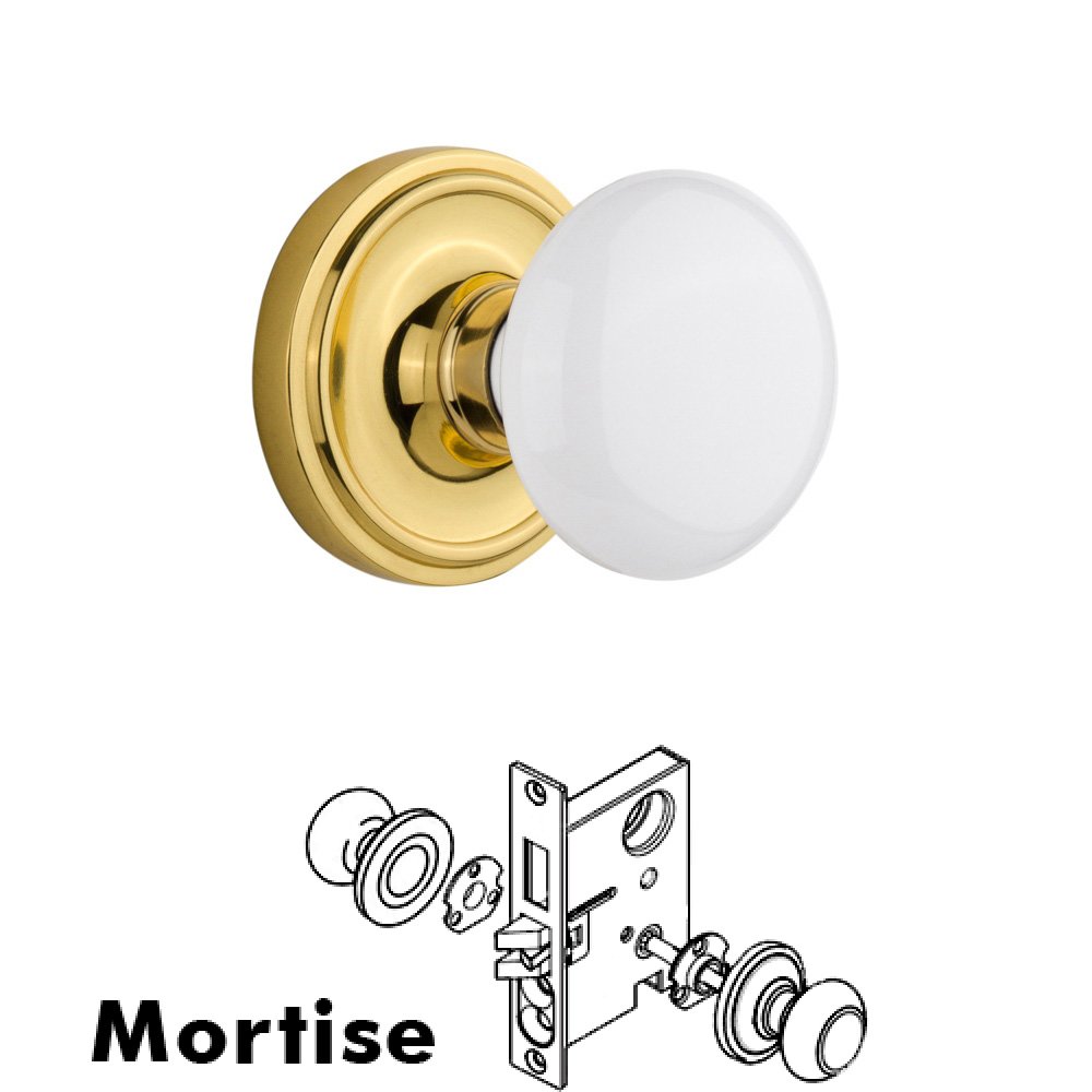 Complete Mortise Lockset - Classic Rosette with White Porcelain Knob in Polished Brass