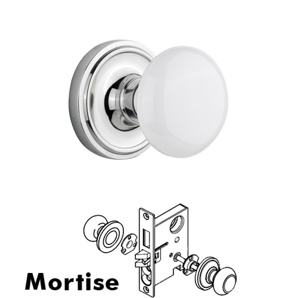 Complete Mortise Lockset - Classic Rosette with White Porcelain Knob in Bright Chrome