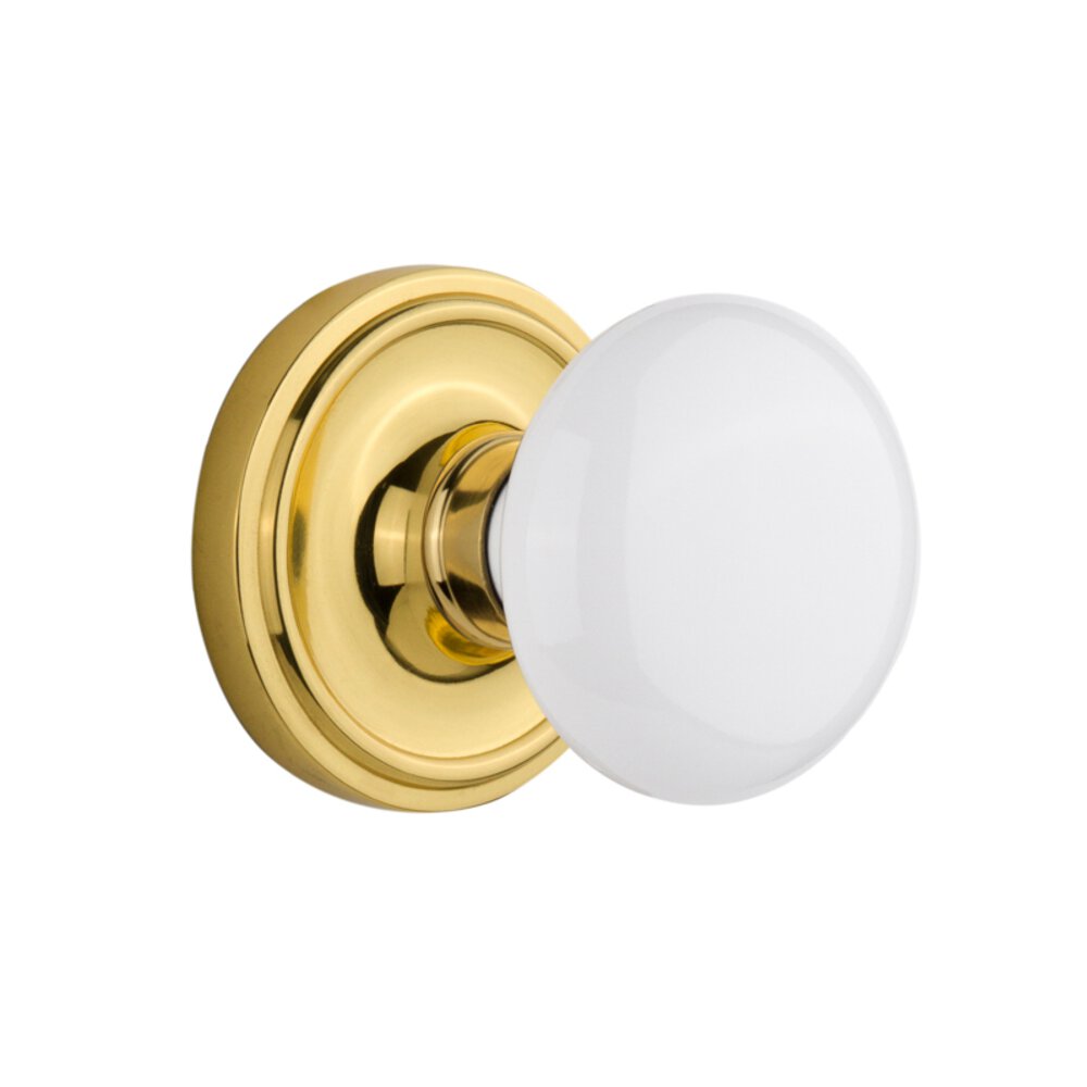 Complete Privacy Set Without Keyhole - Classic Rosette with White Porcelain Knob in Polished Brass