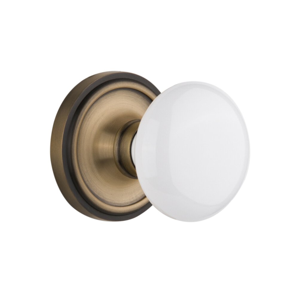 Complete Privacy Set Without Keyhole - Classic Rosette with White Porcelain Knob in Antique Brass