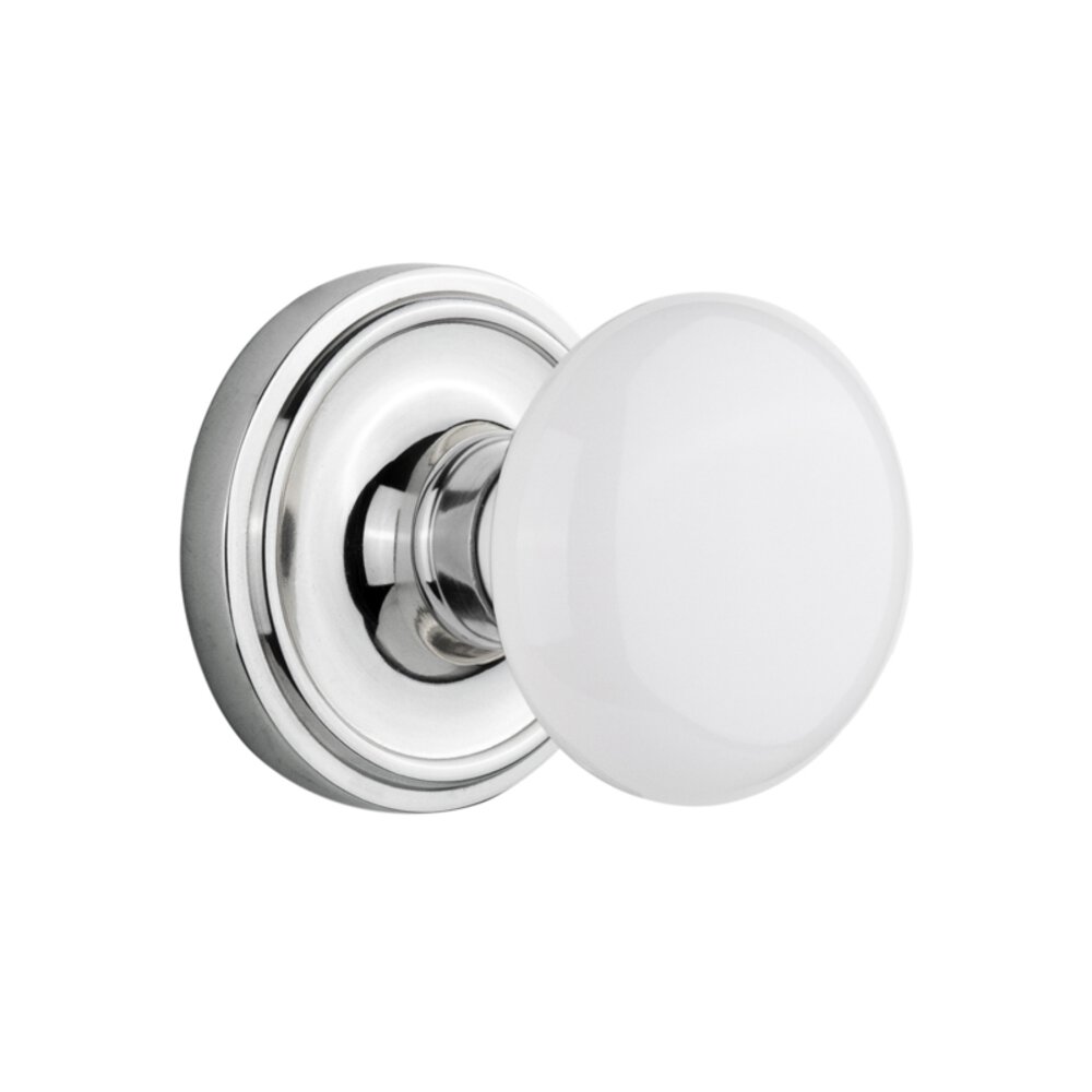 Complete Privacy Set Without Keyhole - Classic Rosette with White Porcelain Knob in Bright Chrome