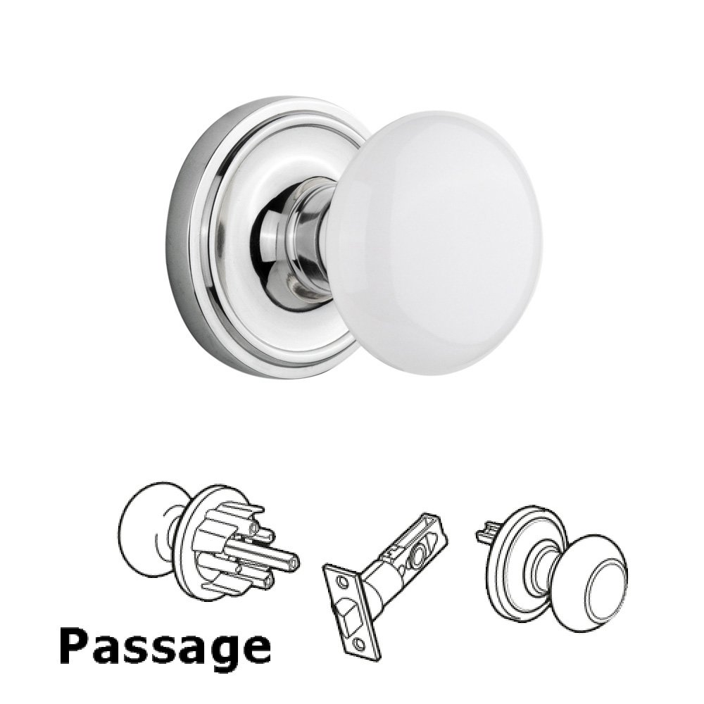 Complete Passage Set Without Keyhole - Classic Rosette with White Porcelain Knob in Bright Chrome