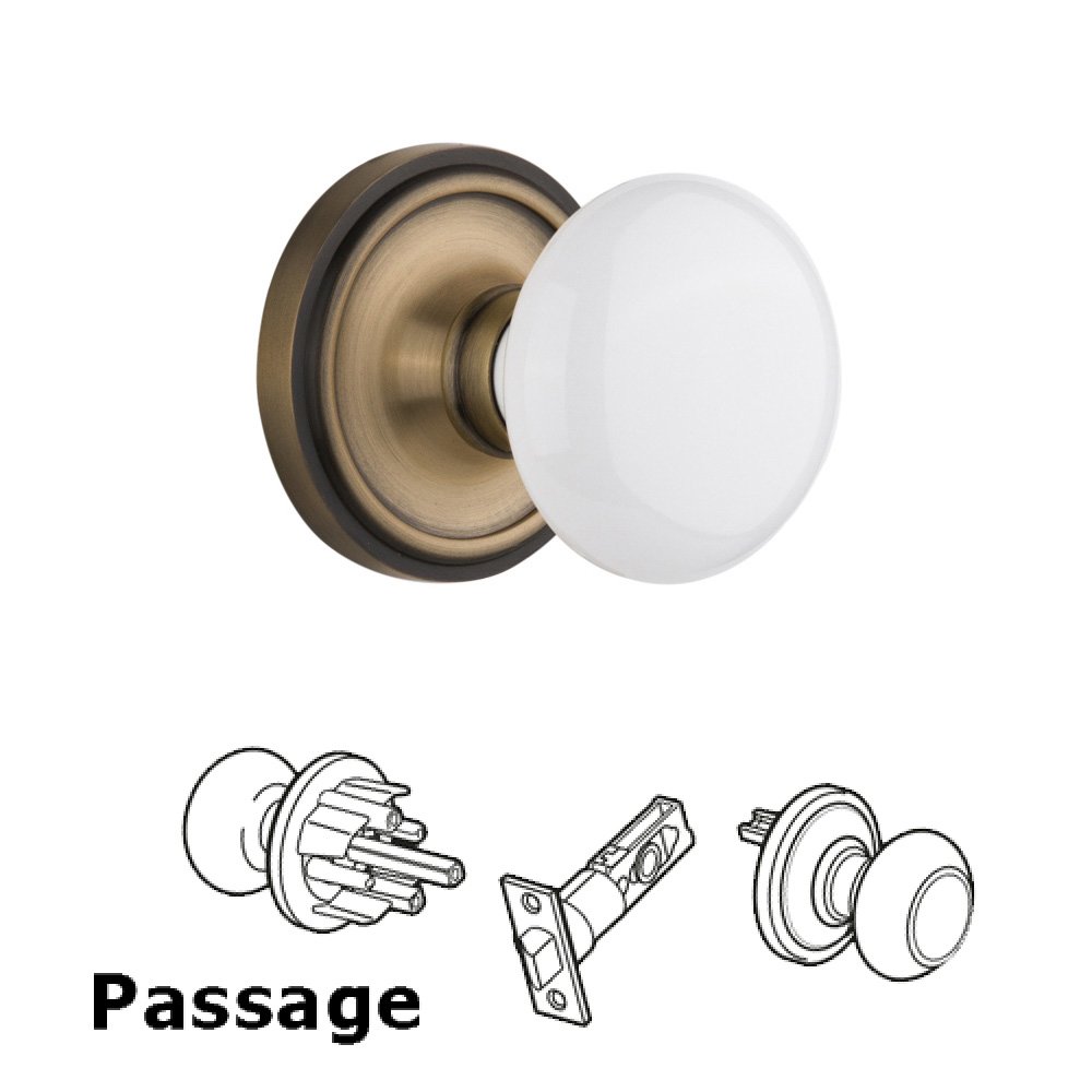 Complete Passage Set Without Keyhole - Classic Rosette with White Porcelain Knob in Antique Brass