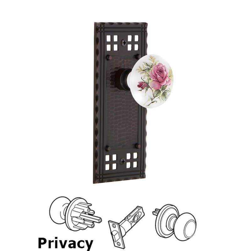 Privacy Craftsman Plate with White Rose Porcelain Door Knob in Timeless Bronze