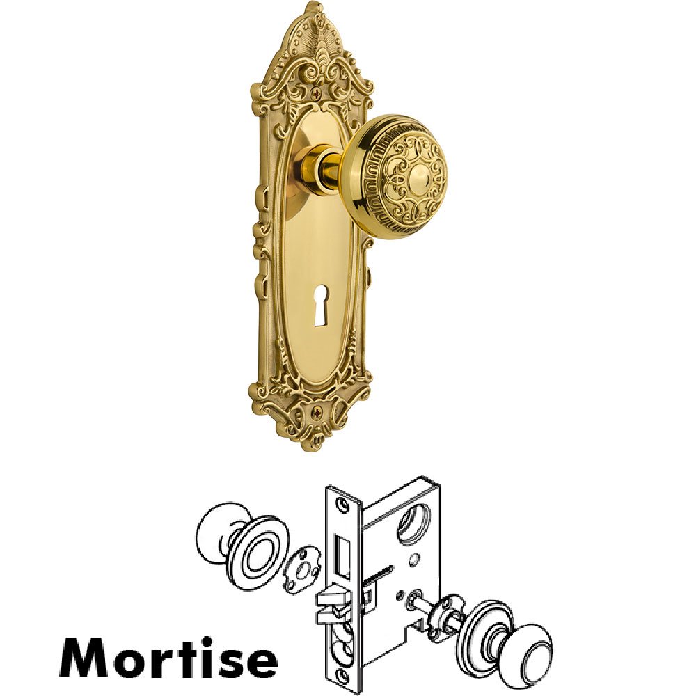 Mortise Victorian Plate with Egg and Dart Knob and Keyhole in Unlacquered Brass