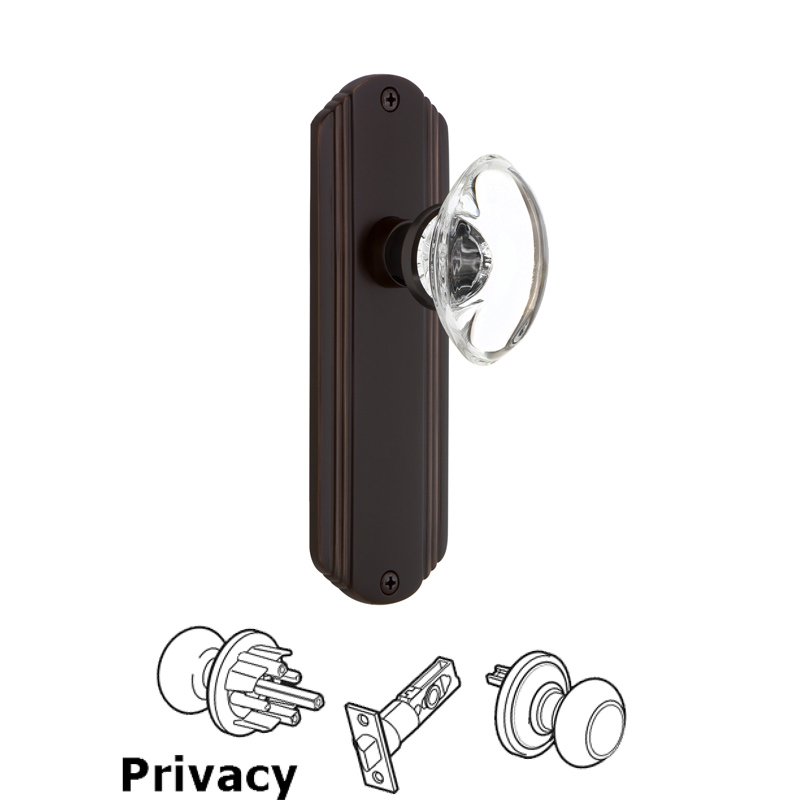 Complete Privacy Set - Deco Plate with Oval Clear Crystal Glass Door Knob in Timeless Bronze