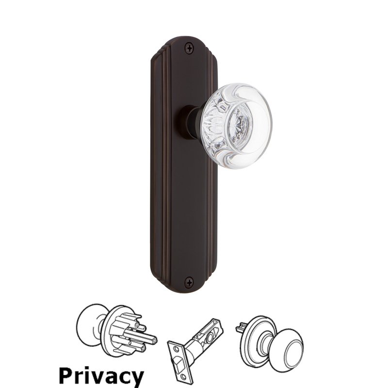 Complete Privacy Set - Deco Plate with Round Clear Crystal Glass Door Knob in Timeless Bronze