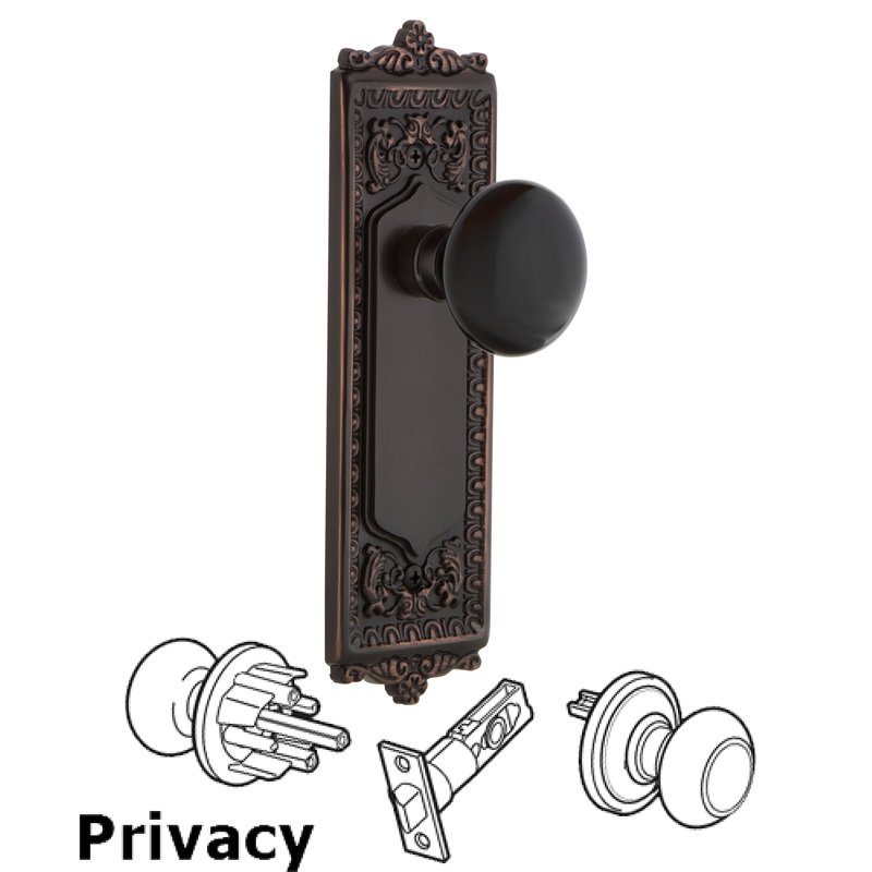 Complete Privacy Set - Egg & Dart Plate with Black Porcelain Door Knob in Timeless Bronze