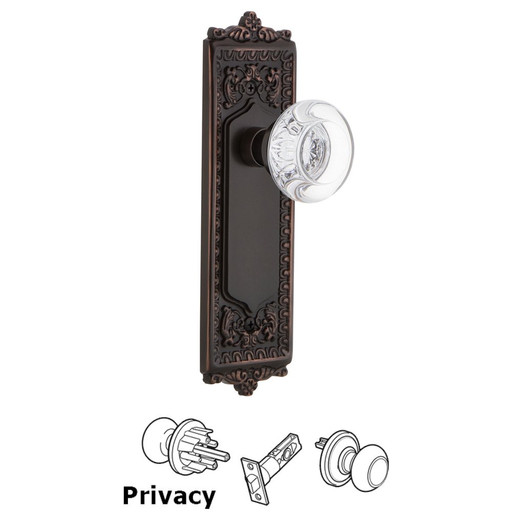 Complete Privacy Set - Egg & Dart Plate with Round Clear Crystal Glass Door Knob in Timeless Bronze