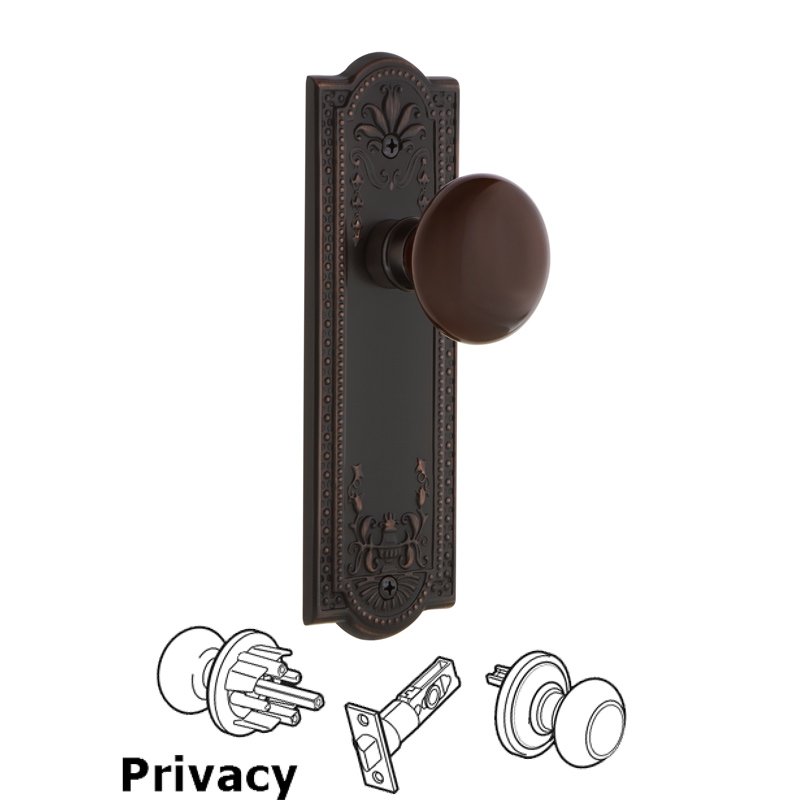 Complete Privacy Set - Meadows Plate with Brown Porcelain Door Knob in Timeless Bronze