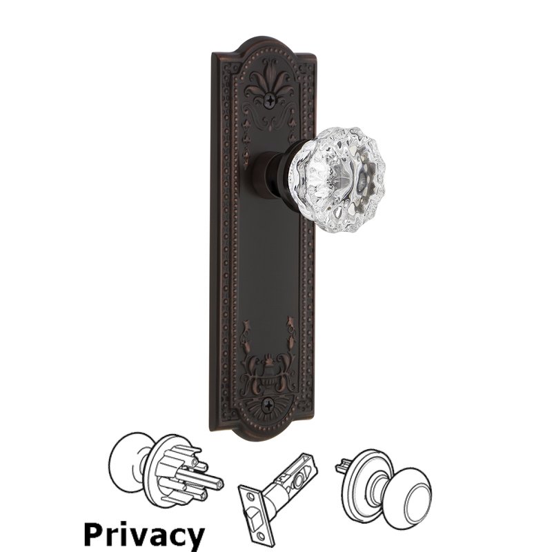 Complete Privacy Set - Meadows Plate with Crystal Glass Door Knob in Timeless Bronze