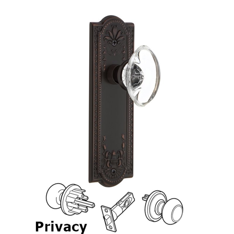 Complete Privacy Set - Meadows Plate with Oval Clear Crystal Glass Door Knob in Timeless Bronze