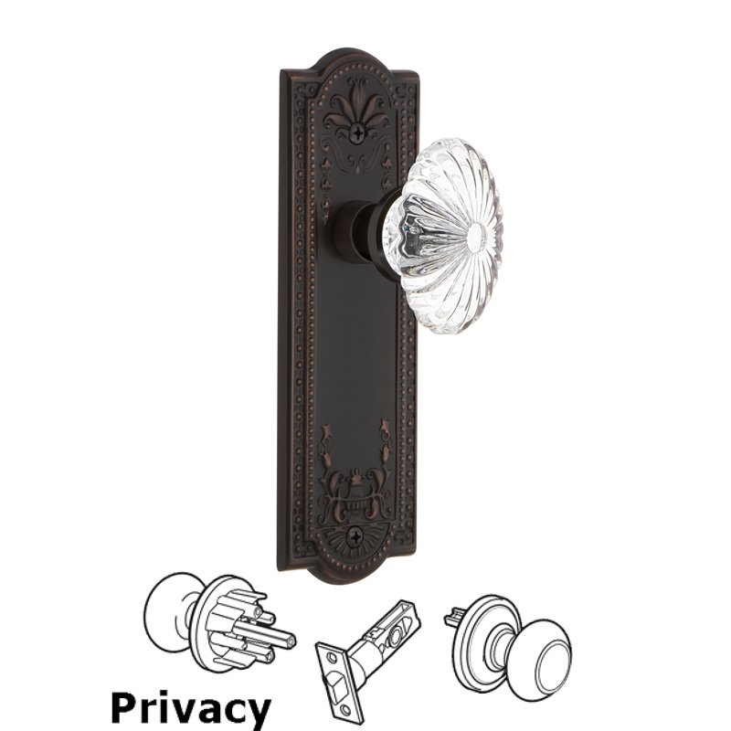 Complete Privacy Set - Meadows Plate with Oval Fluted Crystal Glass Door Knob in Timeless Bronze